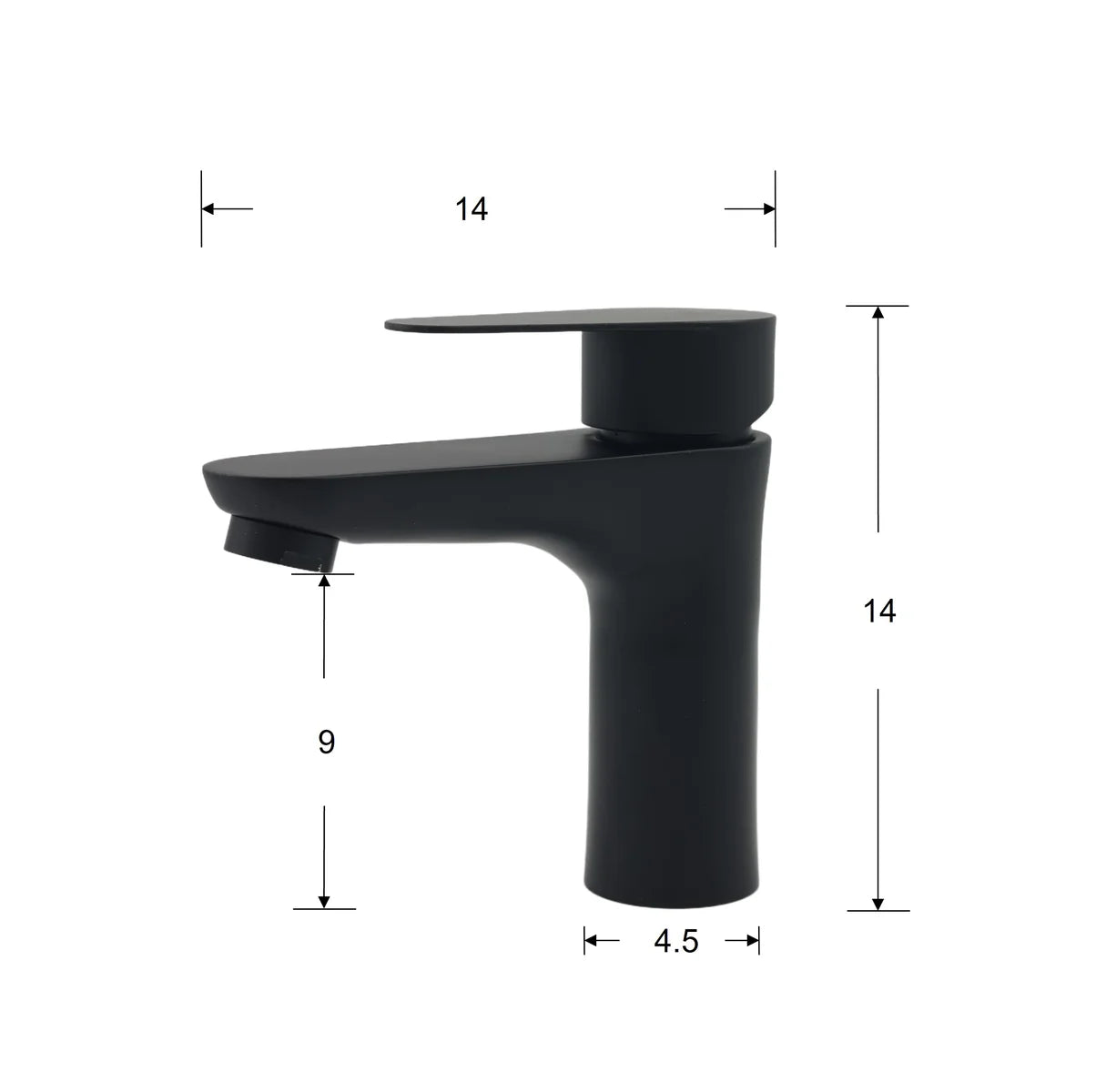 Black faucet with measurements on a white background