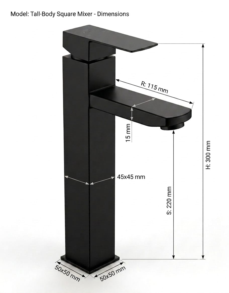 Modern Matte Black Tall-Body Square Basin Mixer