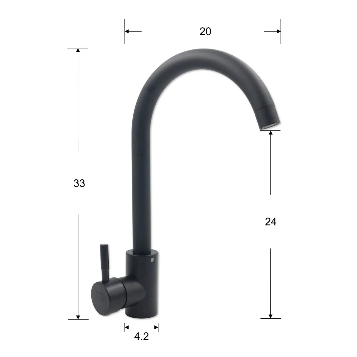 Black kitchen faucet with measurements on a white background