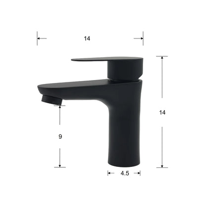 Black faucet with measurements on a white background