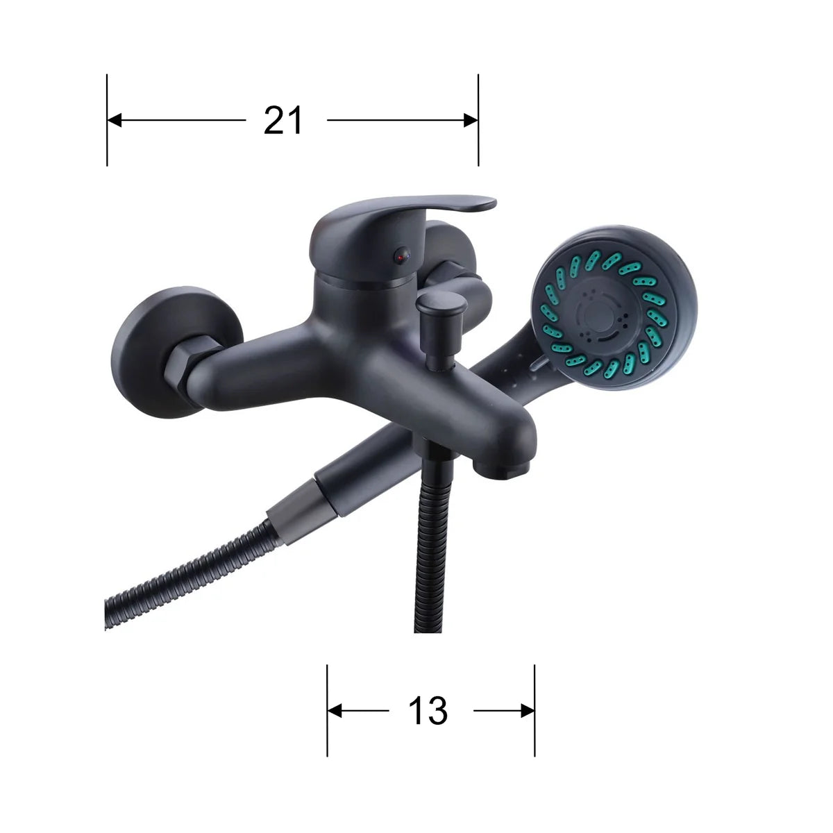 Black shower faucet set with handheld shower head and measurements on a white background