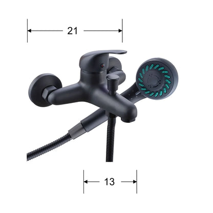 Black shower faucet set with handheld shower head and measurements on a white background