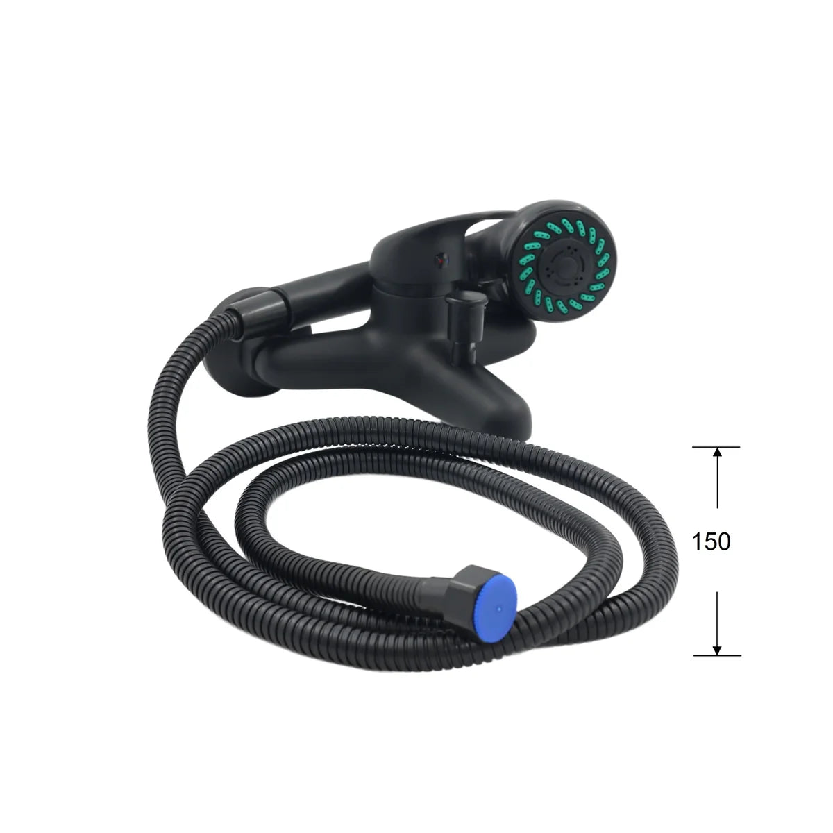 Black garden hose with spray nozzle on a white background