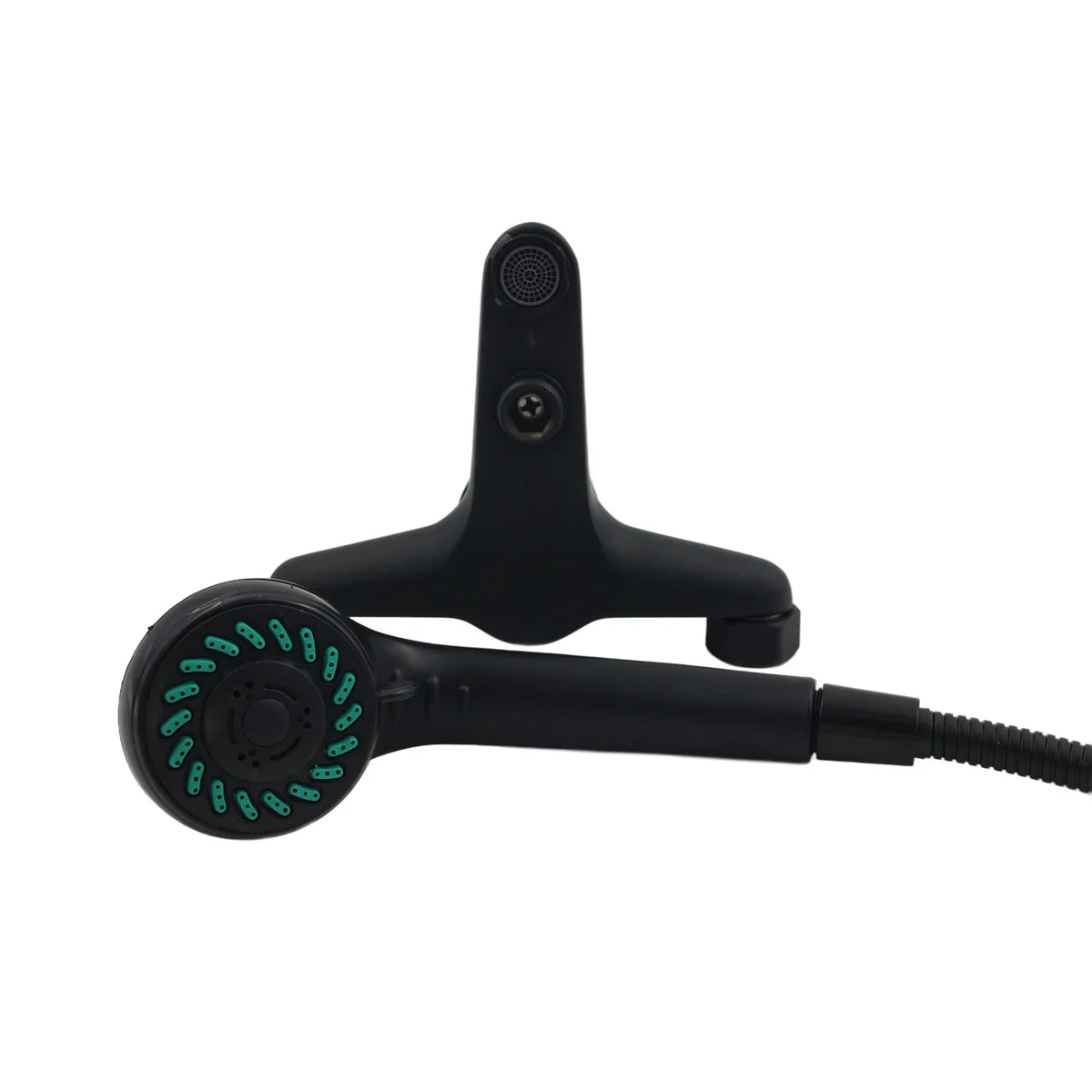 Black handheld shower head with green nozzles on a white background