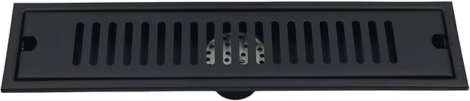 Black rectangular floor drain cover with a grid design.