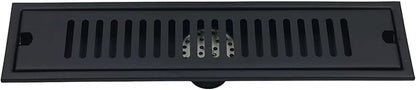 Black rectangular floor drain cover with a grid design.
