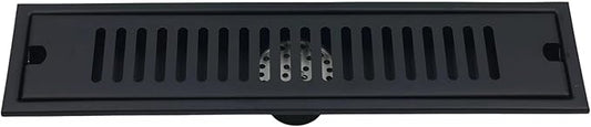 Black rectangular floor drain cover with a grid design.