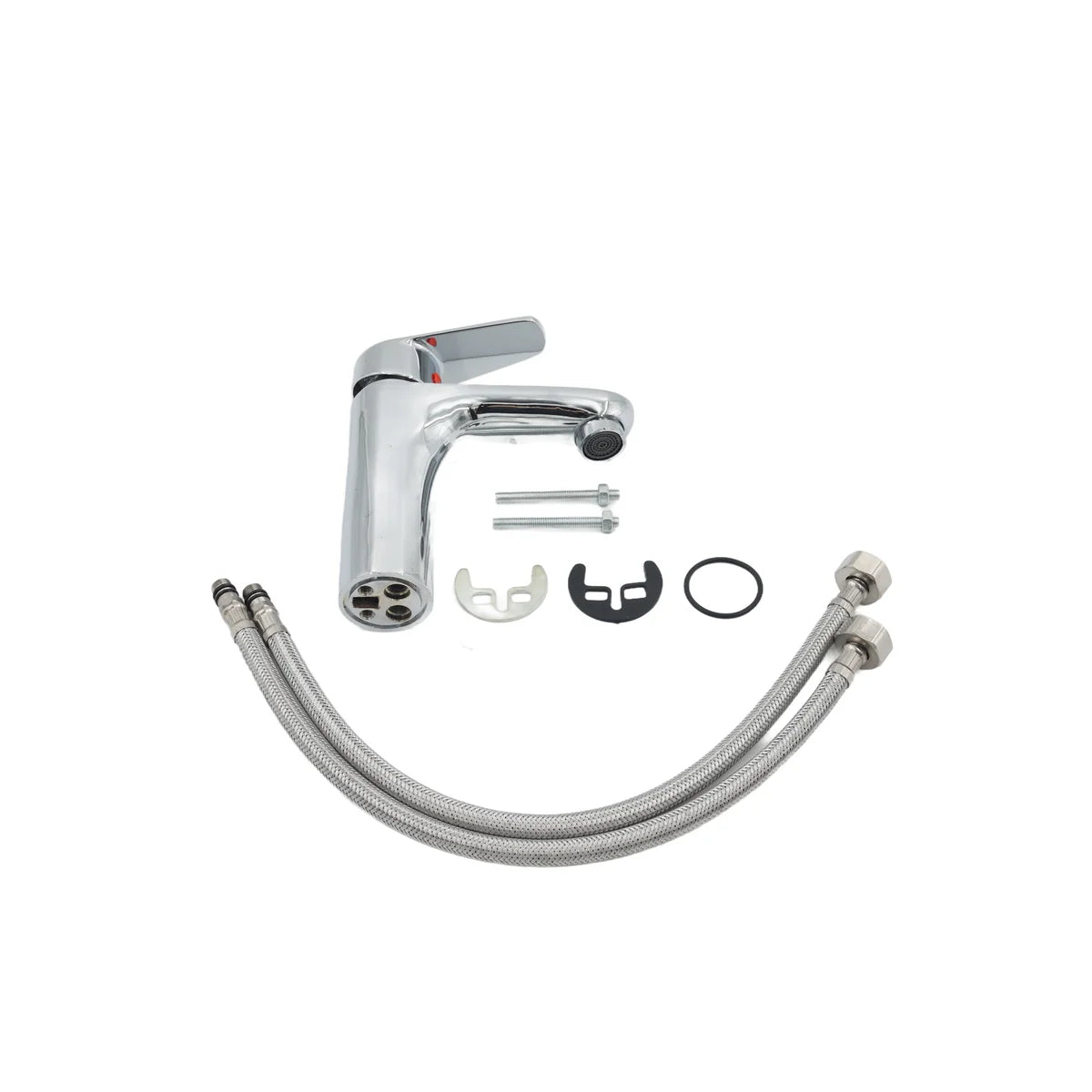 Chrome kitchen faucet assembly with parts on a white background