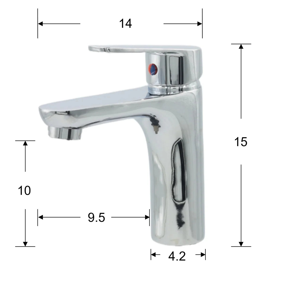 Chrome faucet with dimensions labeled on a white background