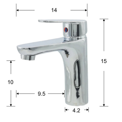 Chrome faucet with dimensions labeled on a white background