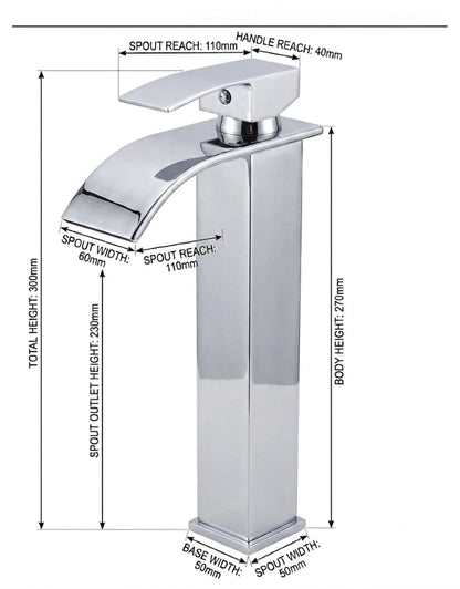 Modern tall chrome Waterfall basin mixer tap