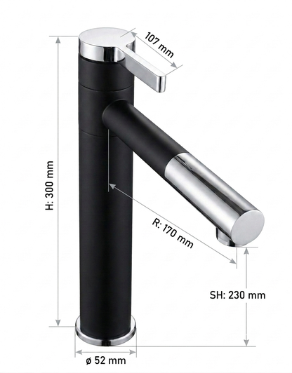 Modern tall Matte Black & Chrome Basin tap