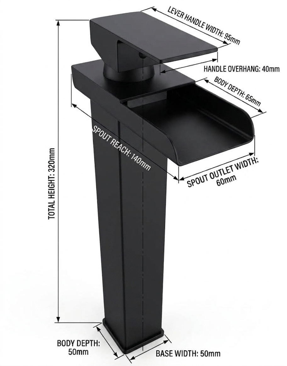 Modern tall matte black Waterfall basin mixer
