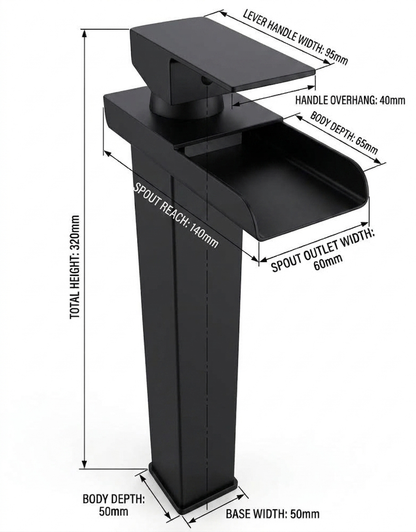 Modern tall matte black Waterfall basin mixer