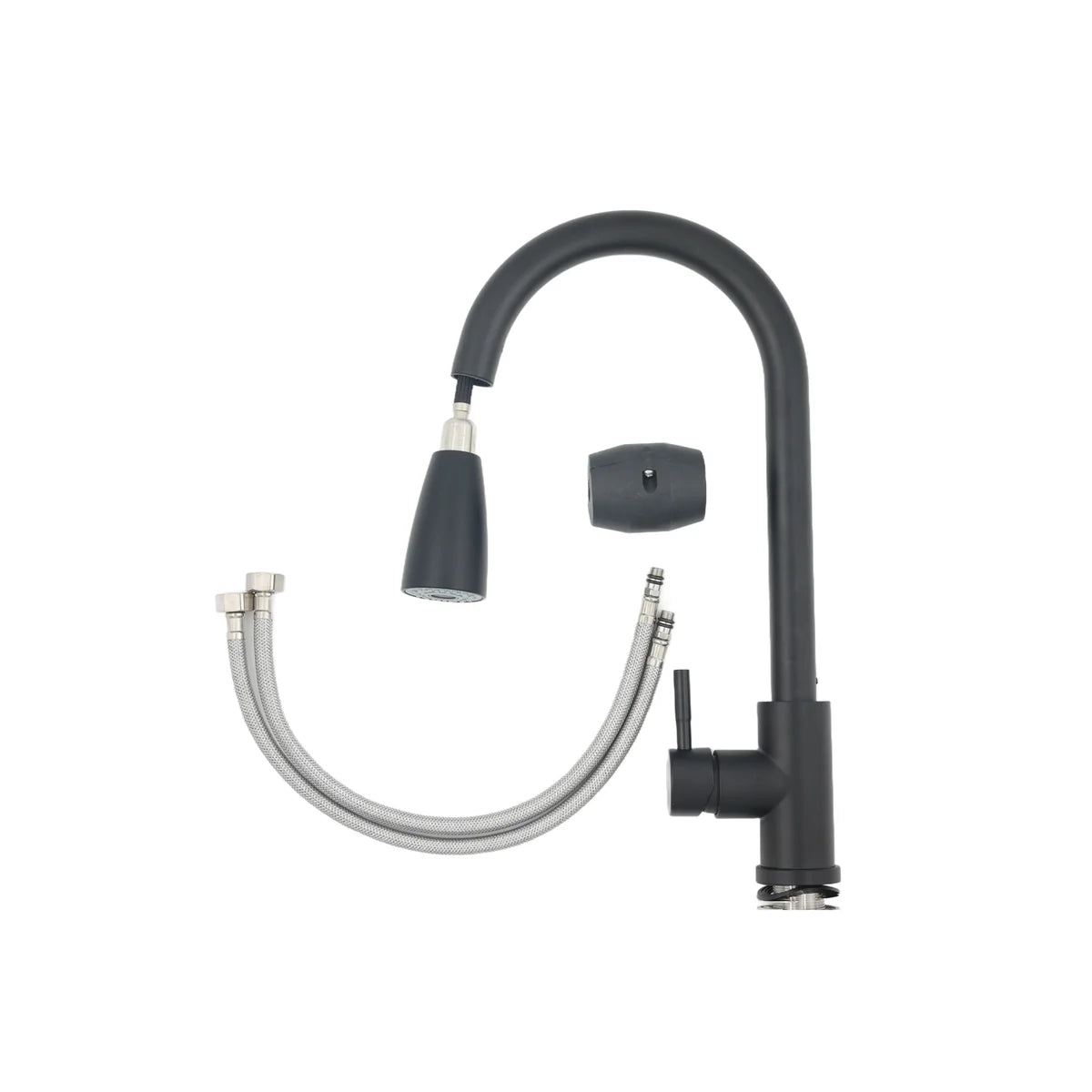 Black kitchen faucet with flexible hose on a white background