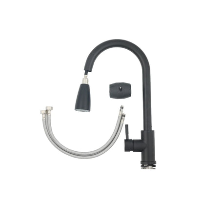 Black kitchen faucet with flexible hose on a white background