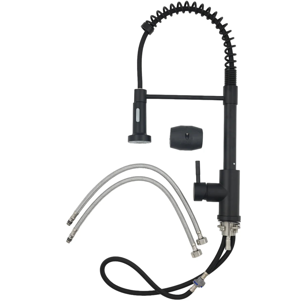 Industrial-style matte black kitchen tap with flexible coil and pull-down spray head