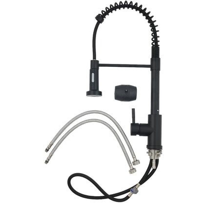 Industrial-style matte black kitchen tap with flexible coil and pull-down spray head